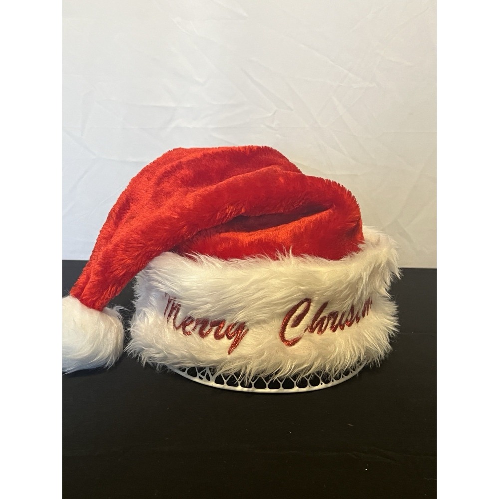 Christmas Santa Hat/Cap Red/White "Merry Christmas" Embroidered Faux Fur‎ Band